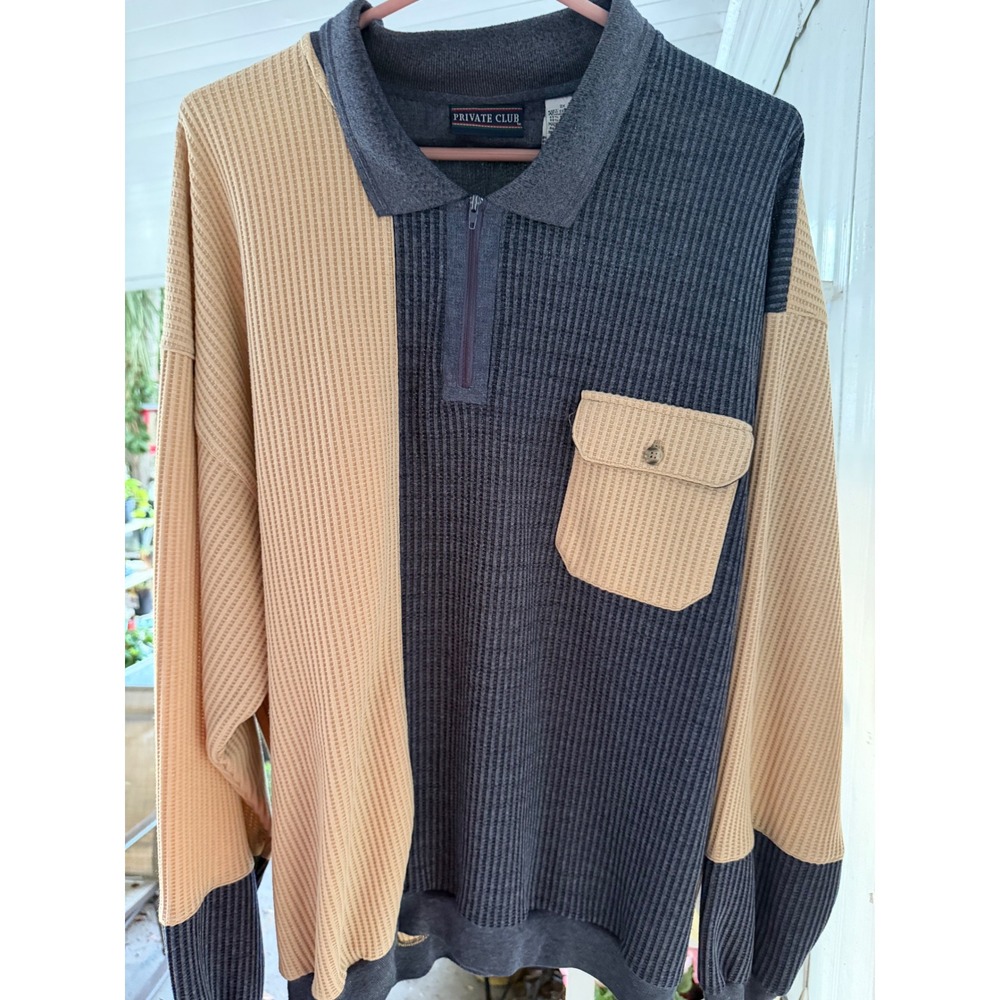 Private Club Mens 2X Colorblock Waffle Knit Quarter Zip Polo Shirt Tan Grey